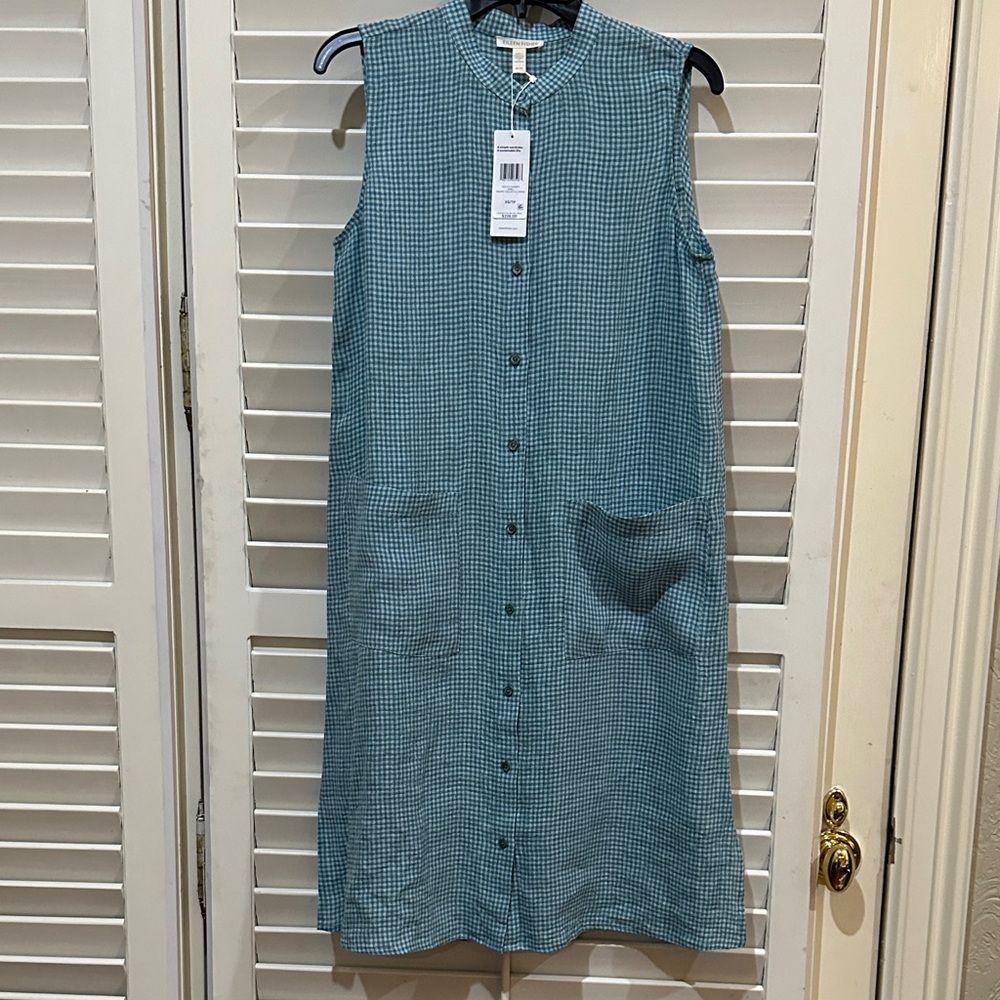 Eileen Fisher Sleeveless Button-Front Gingham Midi Dress in Teal Blue. Size xs